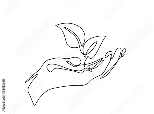 Hand holding plant with leaf in one continuous line drawing. Sprout tree and gardening symbol in simple linear style. Organic farm concept. Hand drawn one line vector. Editable stroke	