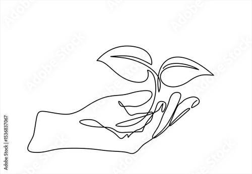 Hand holding plant with leaf in one continuous line drawing. Sprout tree and gardening symbol in simple linear style. Organic farm concept. Hand drawn one line vector. Editable stroke	