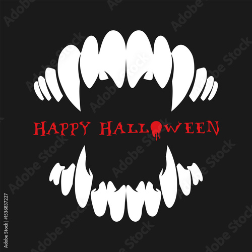Monster, vampire or werewolf teeth, long sharp fangs isolated on black background. Simple minimalist Halloween card. Vector illustration