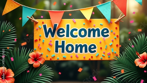 Welcome home tropical party sign with hibiscus flowers