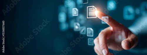 Close up shot of a hand interacting with a digital document management interface surrounded by futuristic technological elements and blurred backgrounds showcasing the power of modern digital systems