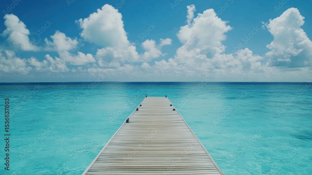 Fototapeta premium Tranquil wooden pier extending into a vibrant turquoise sea.