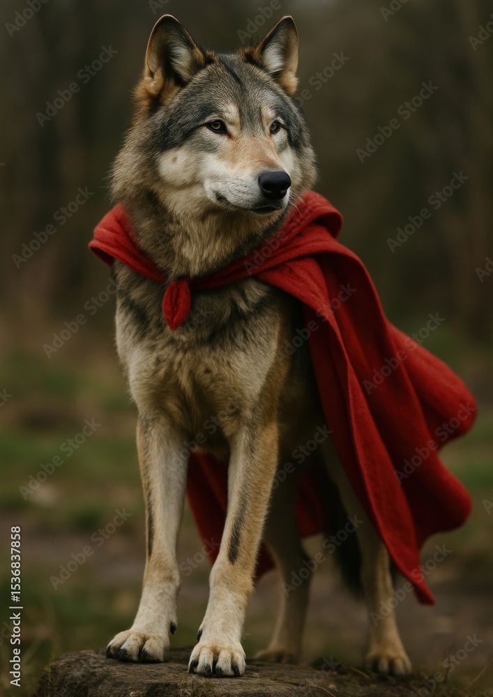 Fototapeta premium Wolf wearing red cape outdoors.