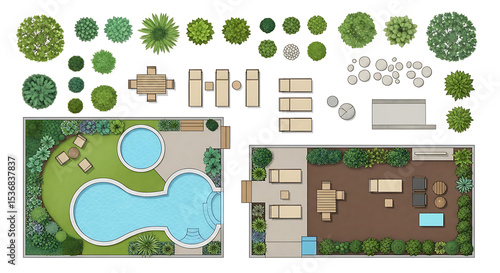 Overhead view illustration of a landscaped backyard with pool patio furniture and landscaping design