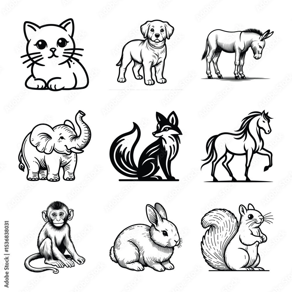 Obraz premium Different types of animal bundle vector illustration isolated on a white background