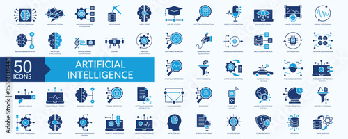Artificial intelligence icon collection set with machine learning, neural network, speech recognition, image processing, spam filtering
