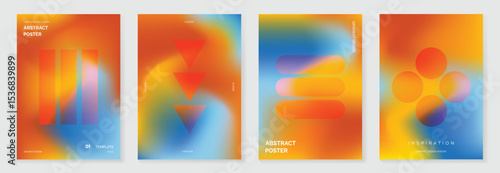 Autumn gradient poster background vector set. Minimalist cover template with geometric shape. Ideal design for social media, banner, autumn season card.