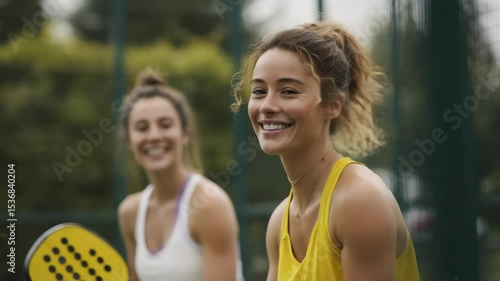 Two Smiling Women Holding Paddle Rackets on Outdoor Court