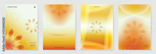 Autumn gradient poster background vector set. Minimalist cover template with geometric shape, flower. Ideal design for social media, banner, autumn season card, chinese new year.