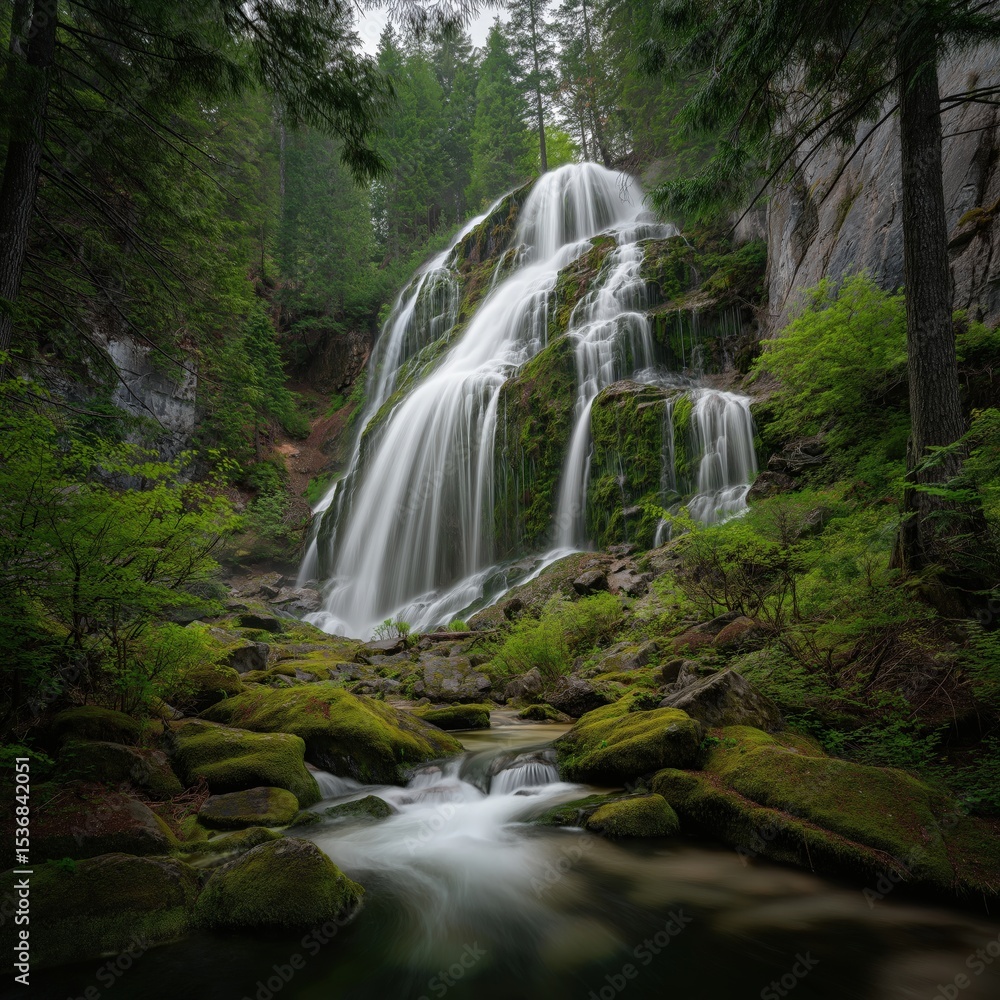 Obraz premium A serene waterfall cascades over moss-covered rocks in a lush, green forest surrounded by tall evergreen trees and rugged cliffs.