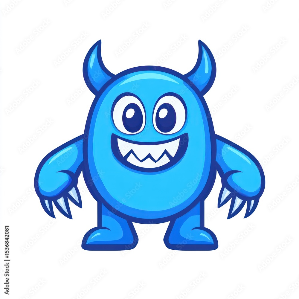 Fototapeta premium Blue cartoon monster with horns