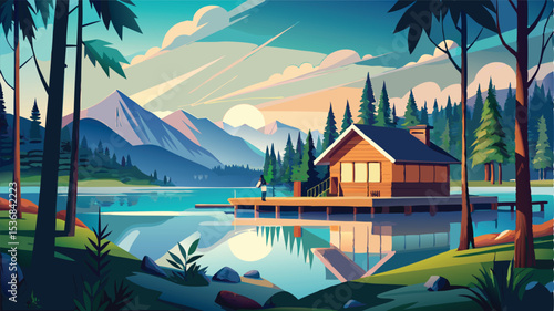 A breathtaking sunset over a mountain lake, with vibrant clouds reflecting on the water's surface, creates a serene landscape