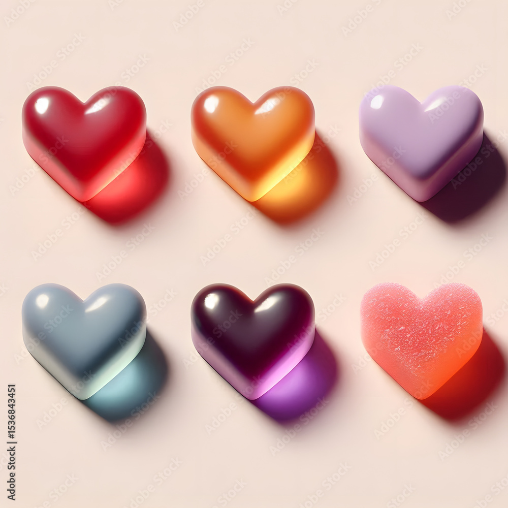 Obraz premium iridescent glossy gummy hearts , 3D , isolated, illustration set of hearts for Valentine's day,for a wedding,mother's Day.Vector illustration.