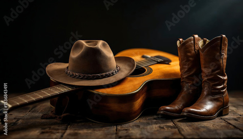 Rustic country music still life with acoustic guitar, cowboy hat, and leather boots on wooden floor
