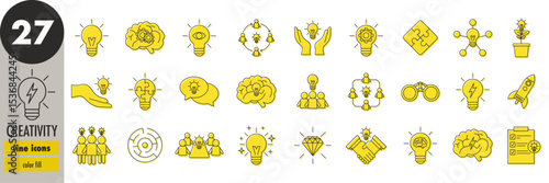 Creativity - thin line icons set, bright yellow fill. Idea, brainstorming, vision, innovation, development, lightbulb, creative meeting, solution, modernization, imagination, vector illustration