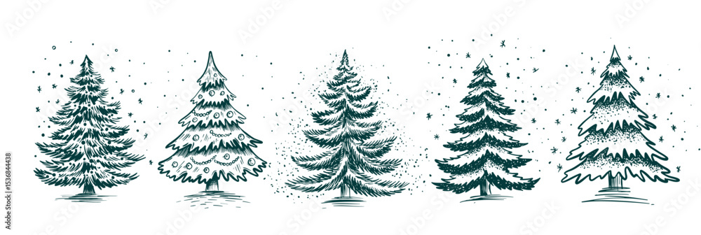 Obraz premium Christmas green tree with snow, hand drawn illustration on white