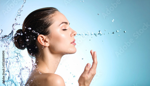 Close-up of a graceful woman's face against a background of water and water droplets. Promoting concept of hydration and beauty and skincare.