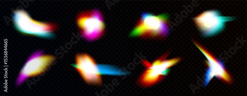 Rainbow light flare and prism leak set with iridescent crystal effects. Abstract optical refraction and glitter sparkle on transparent background. Realistic 3D vector overlays fashion or magic design.