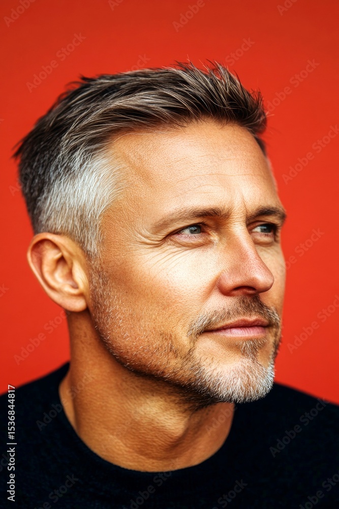 Obraz premium Creative of style for aging men. An elegant midlife gentleman smiling gracefully. Red solid background. Elegant men's ivy league haircut - midlife white man with hair.