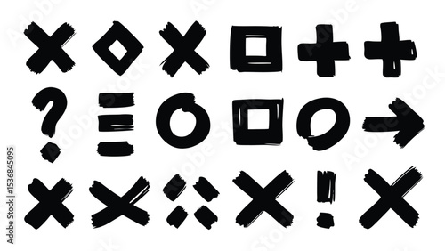 Collection of black brush stroke symbols including x o plus question mark and arrow isolated on white
