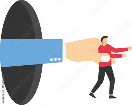 Businessman tries to get out of a comfort zone but is held back by hands stock illustration

