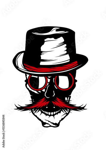 Fototapeta tete de mort hipster crane barbu moustache chapeau lunette