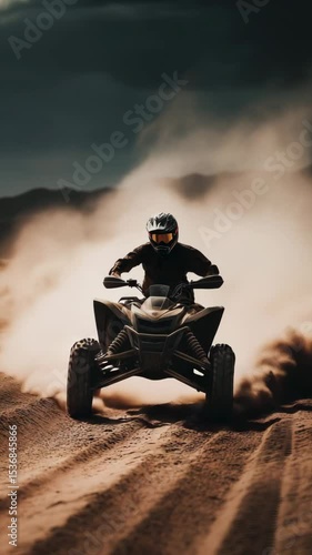 Animation of ATV kicking up dust as it races across the sand in the desert 
