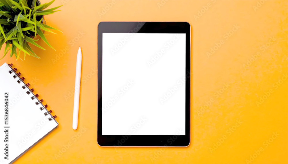 A minimalist overhead shot features a black tablet with a white screen, a white stylus, a spiral notebook, and a green plant, all neatly arranged on a bright orange background A minimalist overhead shot features a black tablet with a white screen, a white stylus, a spiral notebook, and a green plant, all neatly arranged on a bright orange background