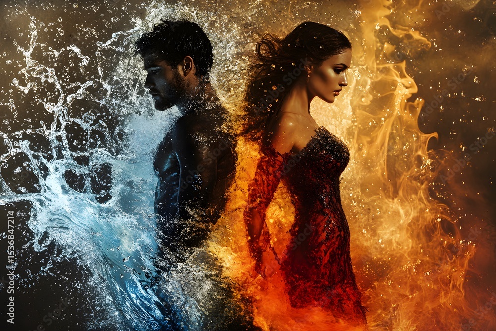 Obraz premium An interesting image of a couple in love. Opposites, fire and water. Man and woman.
