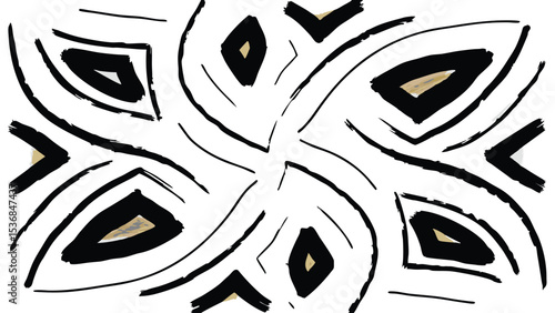 Abstract symmetrical pattern with curved lines and diamond shapes in black and white illustration