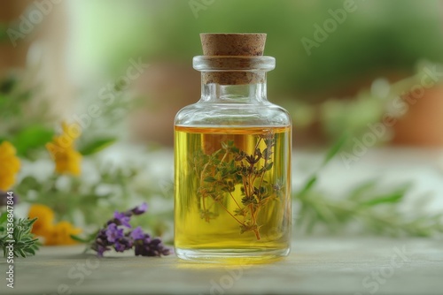 Wallpaper Mural Essential oil bottle with herbal infusion natural setting close-up photography serenity elegant design gigapixel quality Torontodigital.ca