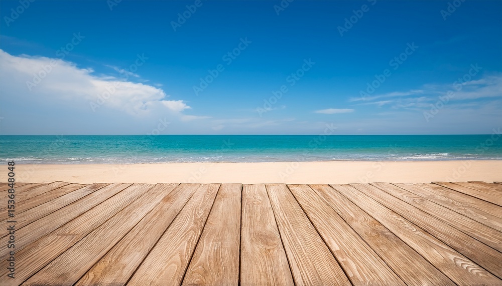 wooden floor or plank on sand beach in summer for product display calm sea and blue sky background wooden floor or plank on sand beach in summer for product display calm sea and blue sky background