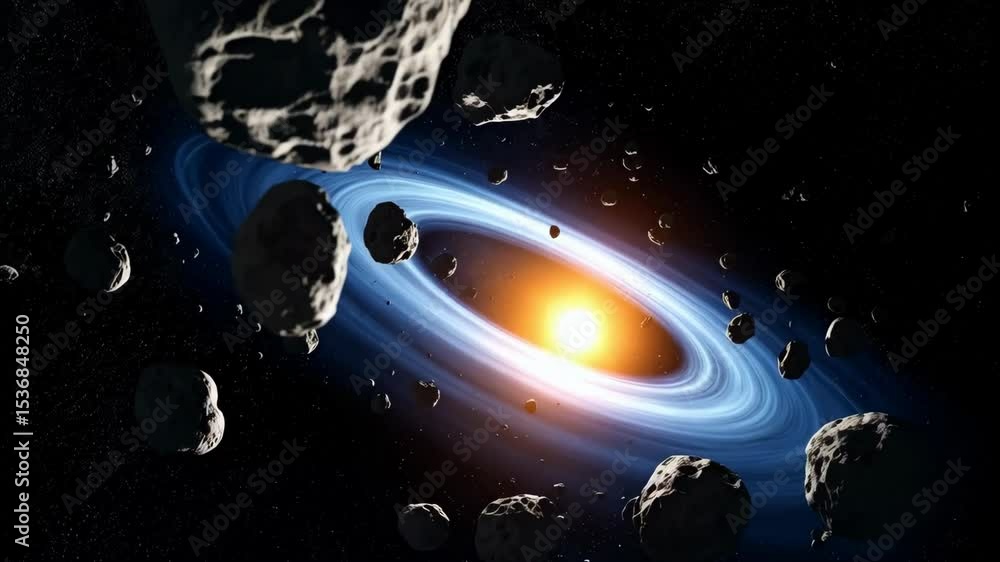 Dynamic space view features orbiting asteroid field around a luminous ...