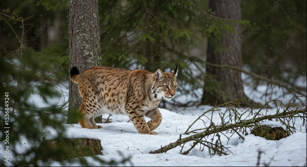 Obraz premium A majestic Eurasian lynx cautiously walks through a snowy forest. 