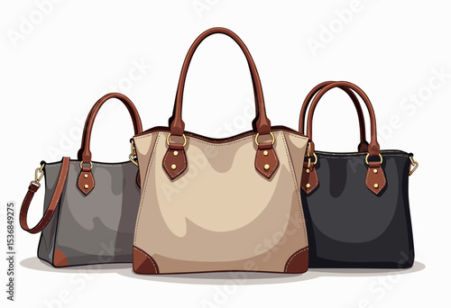 An elegant illustration of three classic women's tote bags in neutral beige, grey, and black colors with leather trim, showcasing a timeless fashion accessory collection.
