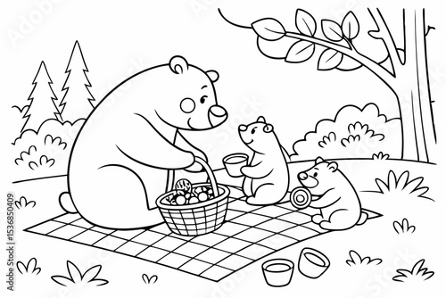 coloring page for kids, a family of bears having a picnic on a checkered blanket, with a basket of berries and honey pots, simple forest background, thick outlines, black and white