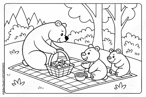 coloring page for kids, a family of bears having a picnic on a checkered blanket, with a basket of berries and honey pots, simple forest background, thick outlines, black and white