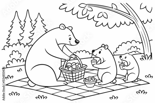 coloring page for kids, a family of bears having a picnic on a checkered blanket, with a basket of berries and honey pots, simple forest background, thick outlines, black and white