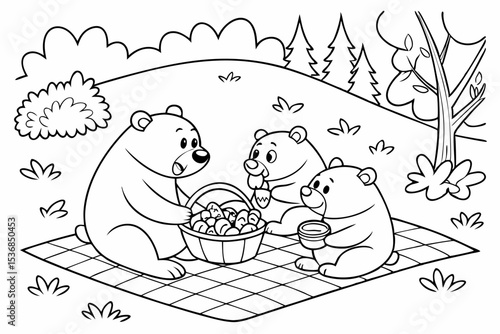coloring page for kids, a family of bears having a picnic on a checkered blanket, with a basket of berries and honey pots, simple forest background, thick outlines, black and white