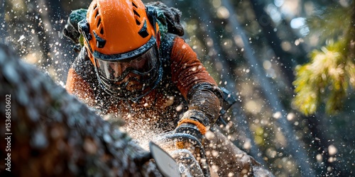 Dynamic low-angle shot of an arborist in full safety gear, intensely focused while cutting a large tree with a chainsaw as sawdust flies.