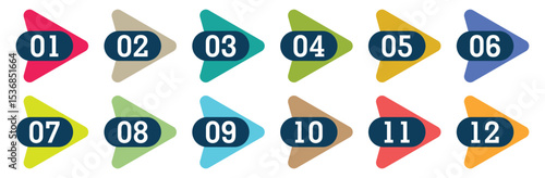 Colorful bullet points set 1 to 12. Flat design infographic isolated vector.