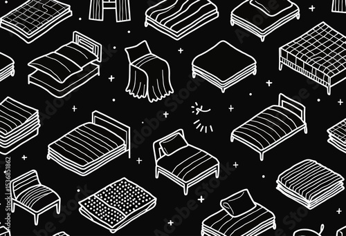 A playful seamless pattern of hand-drawn bed doodles on a black background, featuring various sleeping arrangements and bedding for quirky textile or wallpaper designs.
