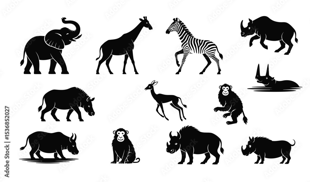 Naklejka premium silhouette illustration of african wildlife animals including elephant, giraffe, zebra, rhino, buffalo, monkey, and antelope on white