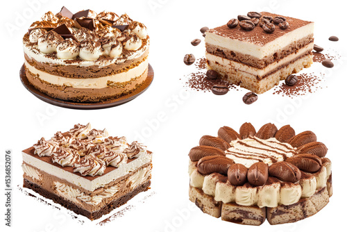 Four delicious cake views on transparent background