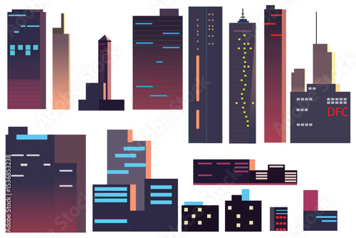 Vector set of City Landscape elements. Colorful Cityscape elements for city illustration on isolated white background.