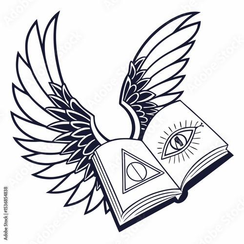  open winged book with all seeing eye of god in sacred geometry triangle