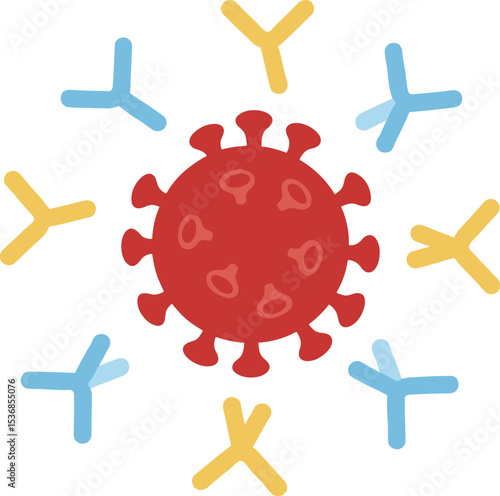 Illustration of a virus cell surrounded by antibodies in a healthcare concept, immune response and protection against infection, medical science research flat vector illustration