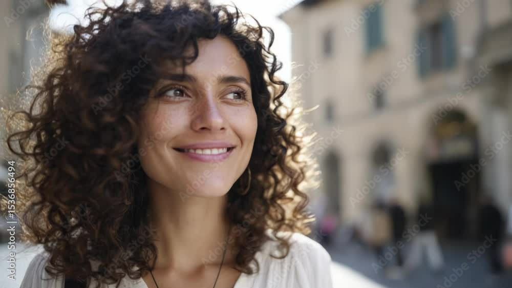 Portrait of a Smiling Latina Woman with Curly Hair in a City Street Portrait of a Smiling Latina Woman with Curly Hair in a City Street