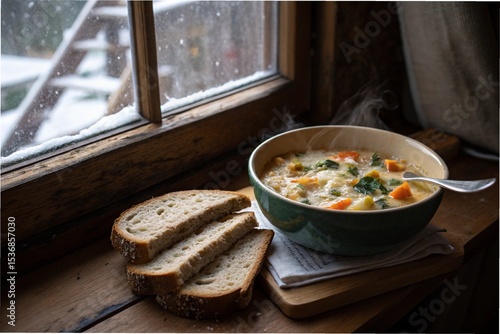A bowl of cheesy vegetable soup and whole grain bread slices by the chalet window