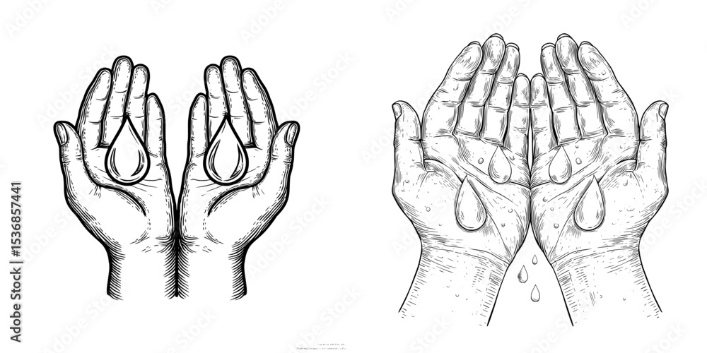Hands outlined with water drops are depicted in a modern illustration that has an editable stroke Hands outlined with water drops are depicted in a modern illustration that has an editable stroke